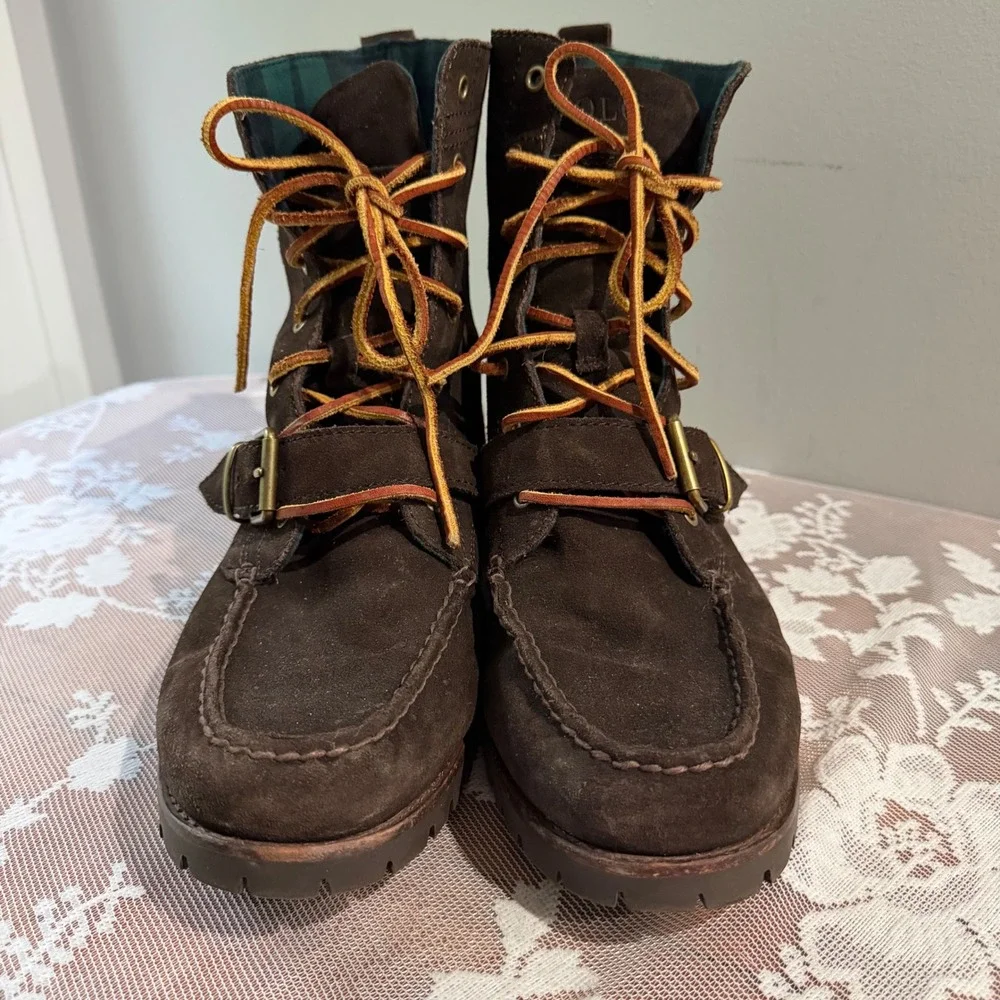 Polo Ralph Lauren Ranger Suede Boots 9.5 Brown Plaid Tartan Collar Classic Fall